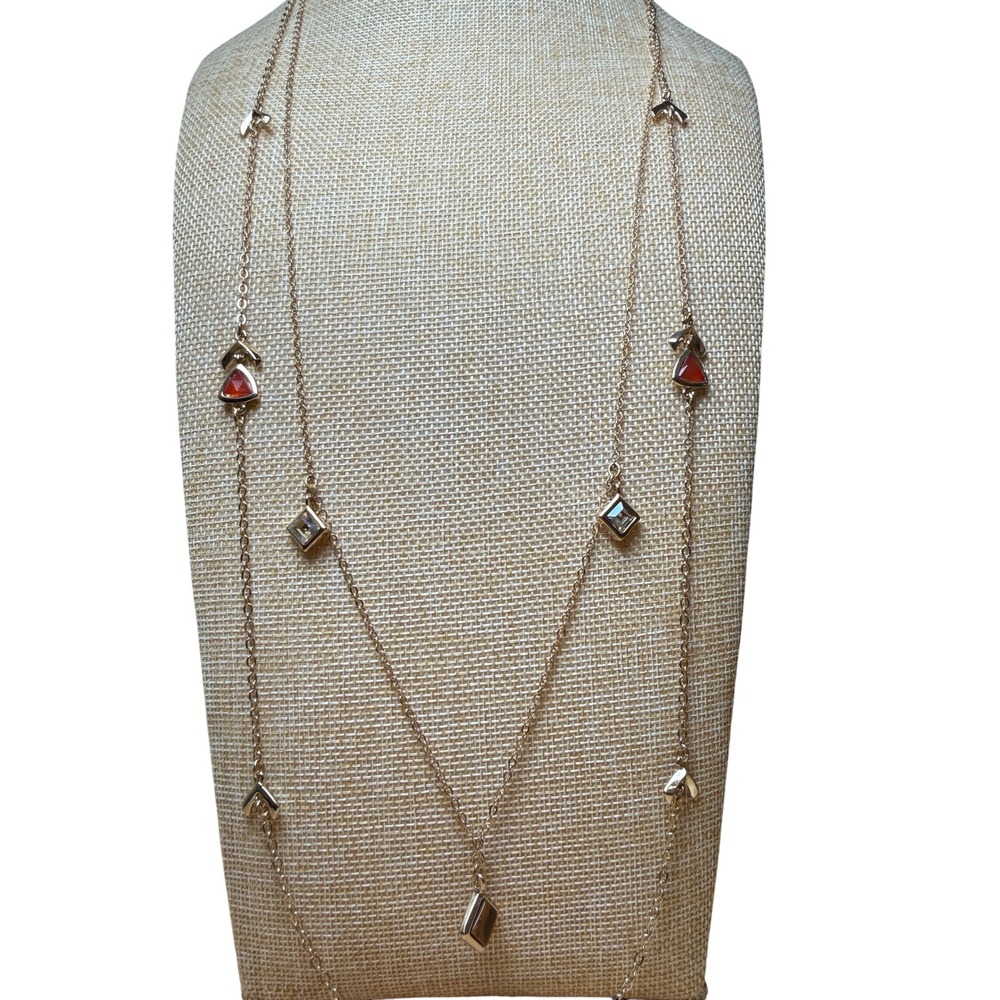 Gold Tone Geometric Crystal Station Long Layering Necklace Ann Taylor Factory